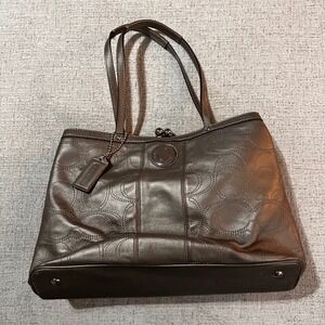 Coach Signature C Metallic Bronze Leather Kisslock Tote Bag Purse